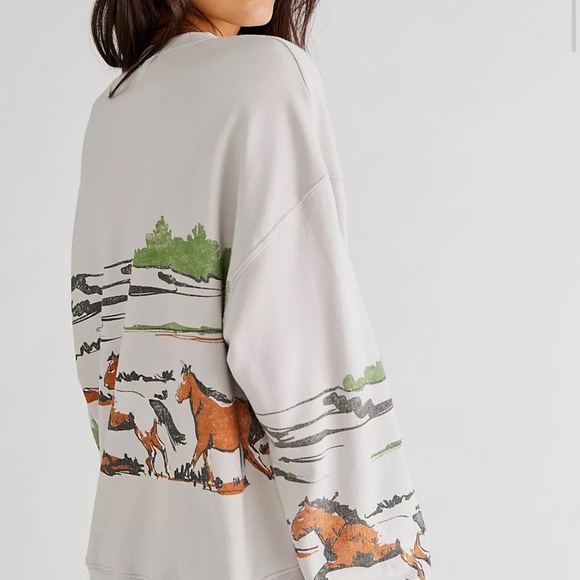 Free People Daydreamer Running Horses Oversized Crewneck Sweatshirt Size XS $98 - Picture 2 of 8